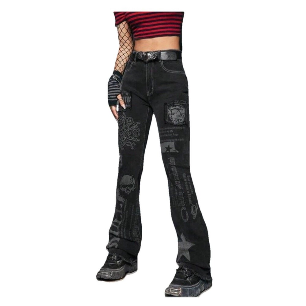 ROMWE Grunge Punk Skull Frayed Hem Black Jeans Button Zip Size S (US  4) No Belt